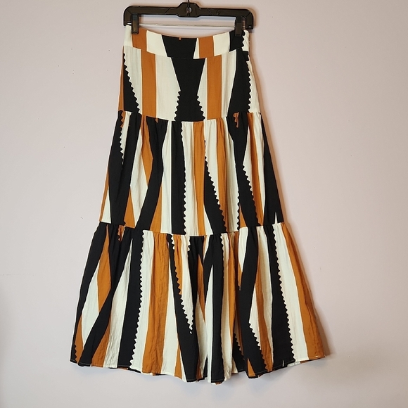TRAFFIC PEOPLE Tiered Striped Black, White, & Brown Maxi Skirt, size S - Picture 1 of 10